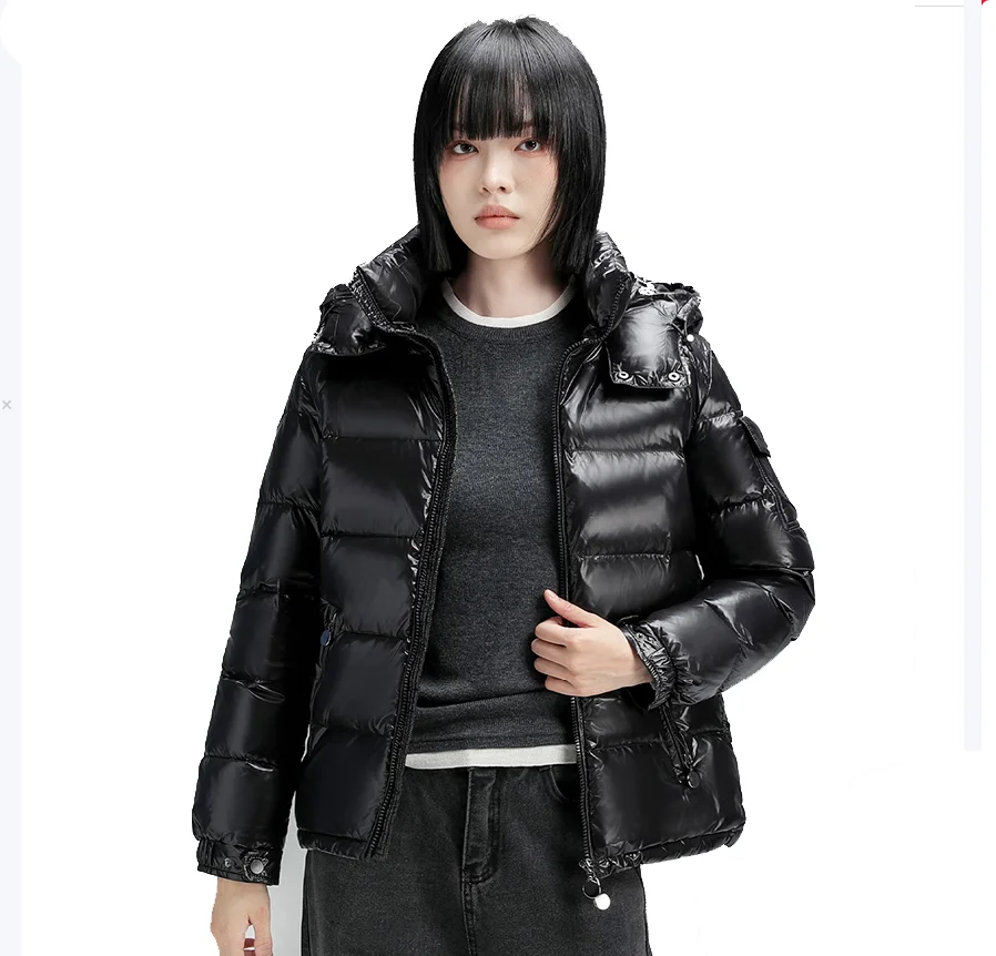 

fengyi Winter white goose down women down jacket hooded glossy fabric short style female coat Black S (160cm) 47.5kg 236g