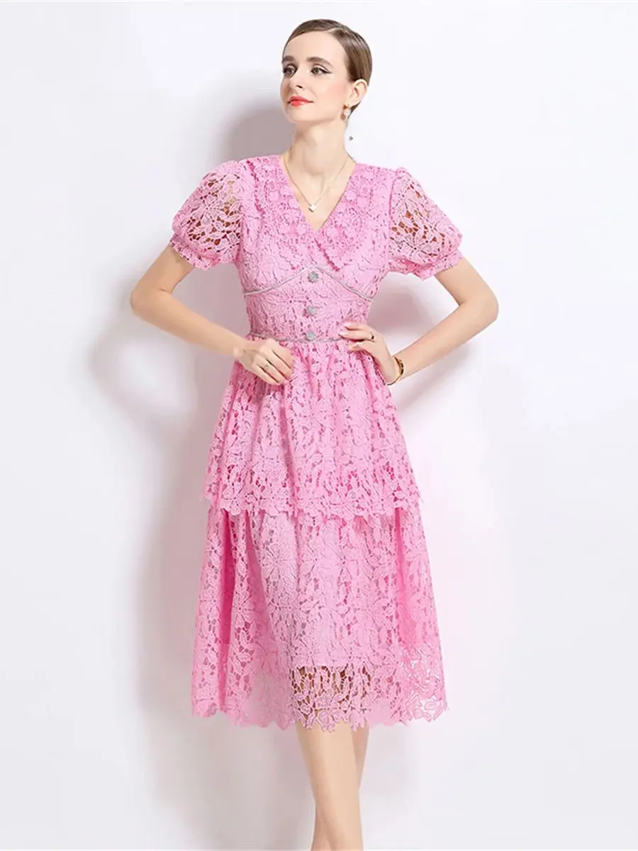

Elegant Crystal Embroidery Lace Midi Dresses Women Summer Short Sleeve Crochet Hollow Out Prom Evening Party Dress