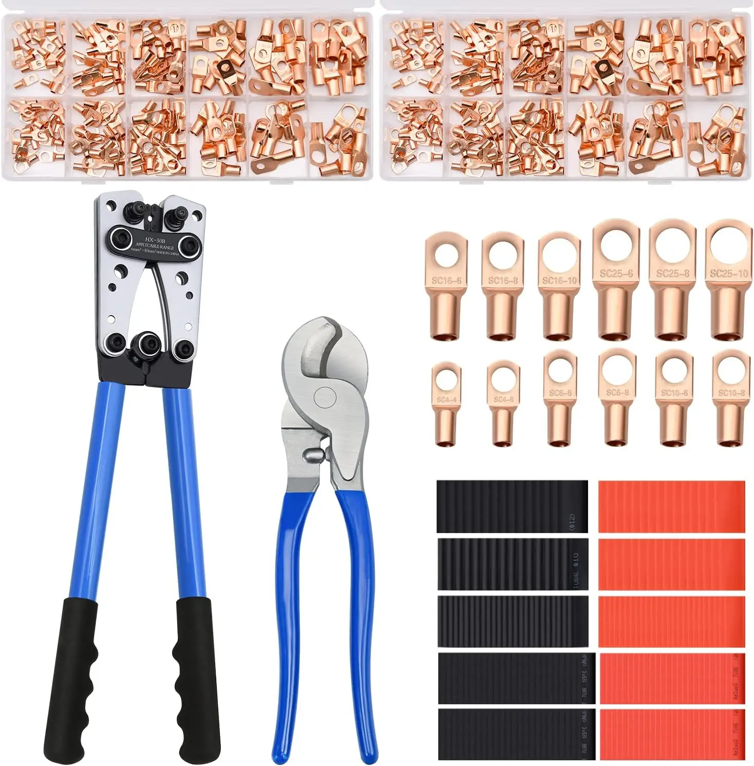

Battery Cable Wire Lug Crimping Tool Kit with 340pcs Copper Lugs, AWG 10-1/0 Crimper, Cable Cutter, 420pcs Heat Shrink Tubing