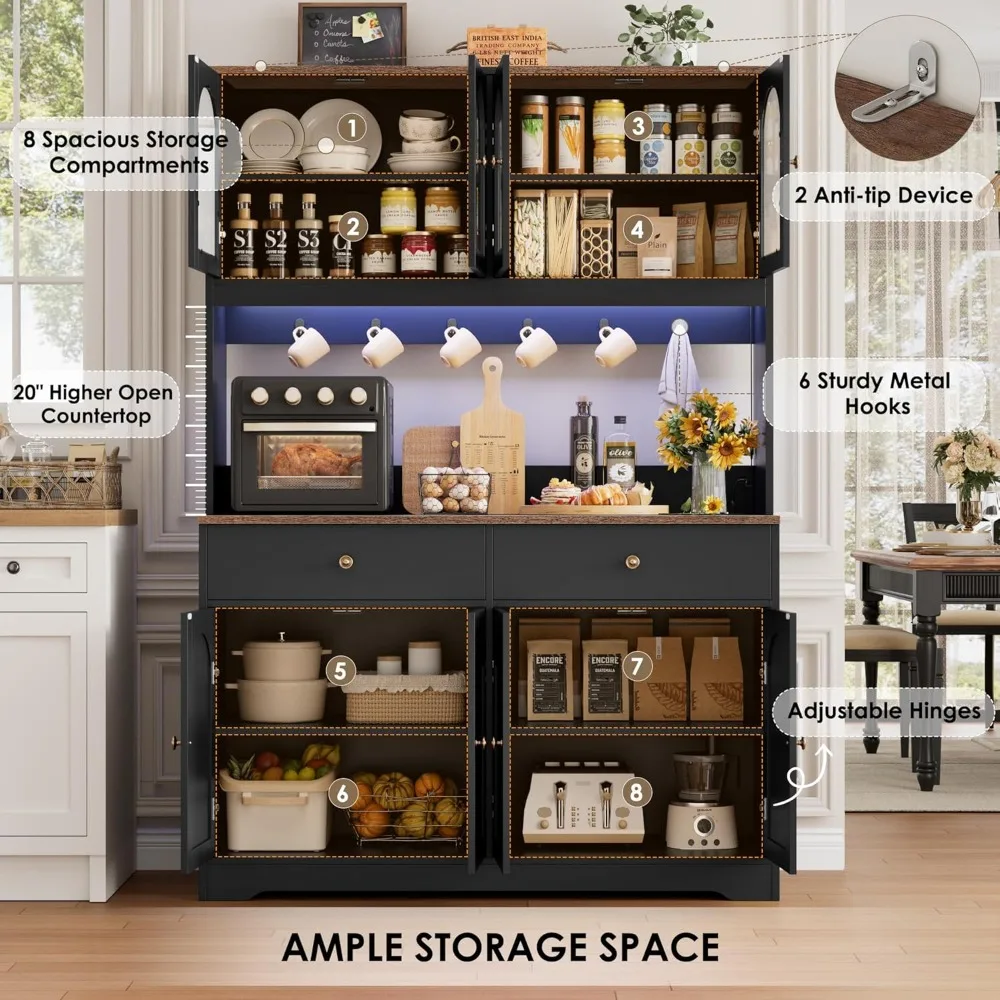 Gabinete de despensa de cocina con iluminación LED grande con toma de corriente, aparador de almacenamiento con puertas y estantes arqueados, 2 cajones para cocina mejorada