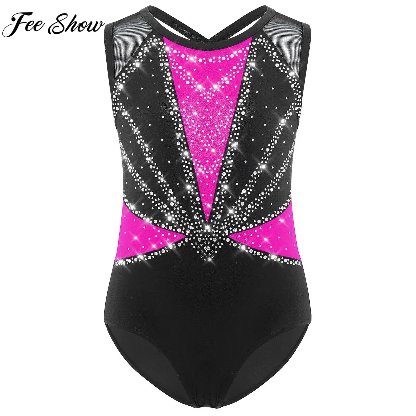 

Girls Figure Skating Costume Gymnastics Acrobatics Ballet Dance Leotard Sleeveless Shiny Rhinestones Metallic Bodysuit Dancewear