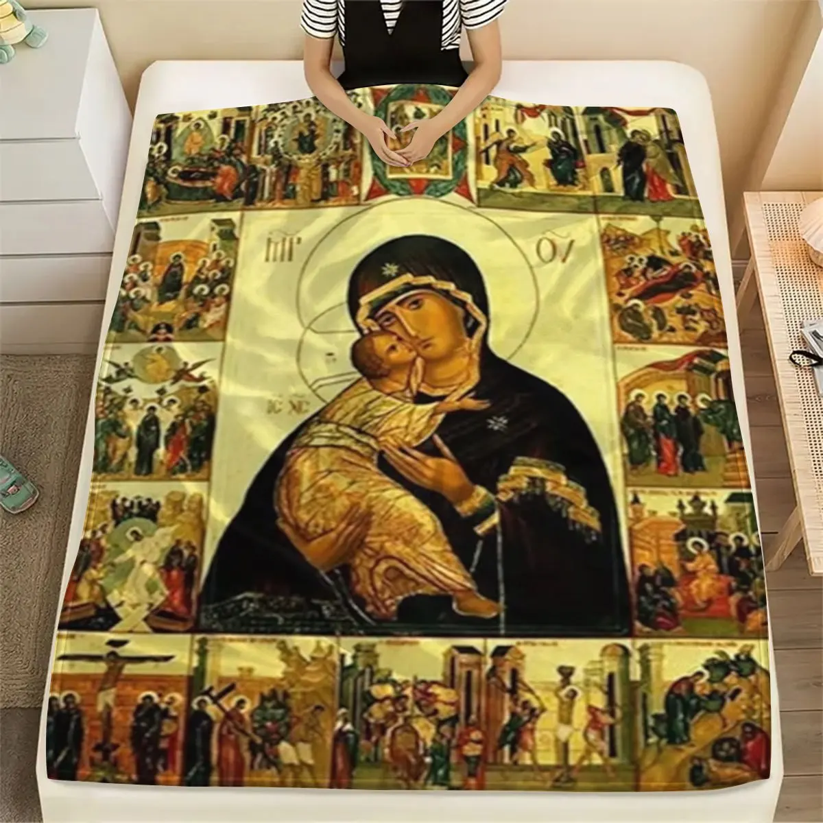 1pc Contemporary Reversible Bible Print Flannel Fleece Blanket - Soft Warm Polyester Throw for Sofa, Home Leisure, Air Condition