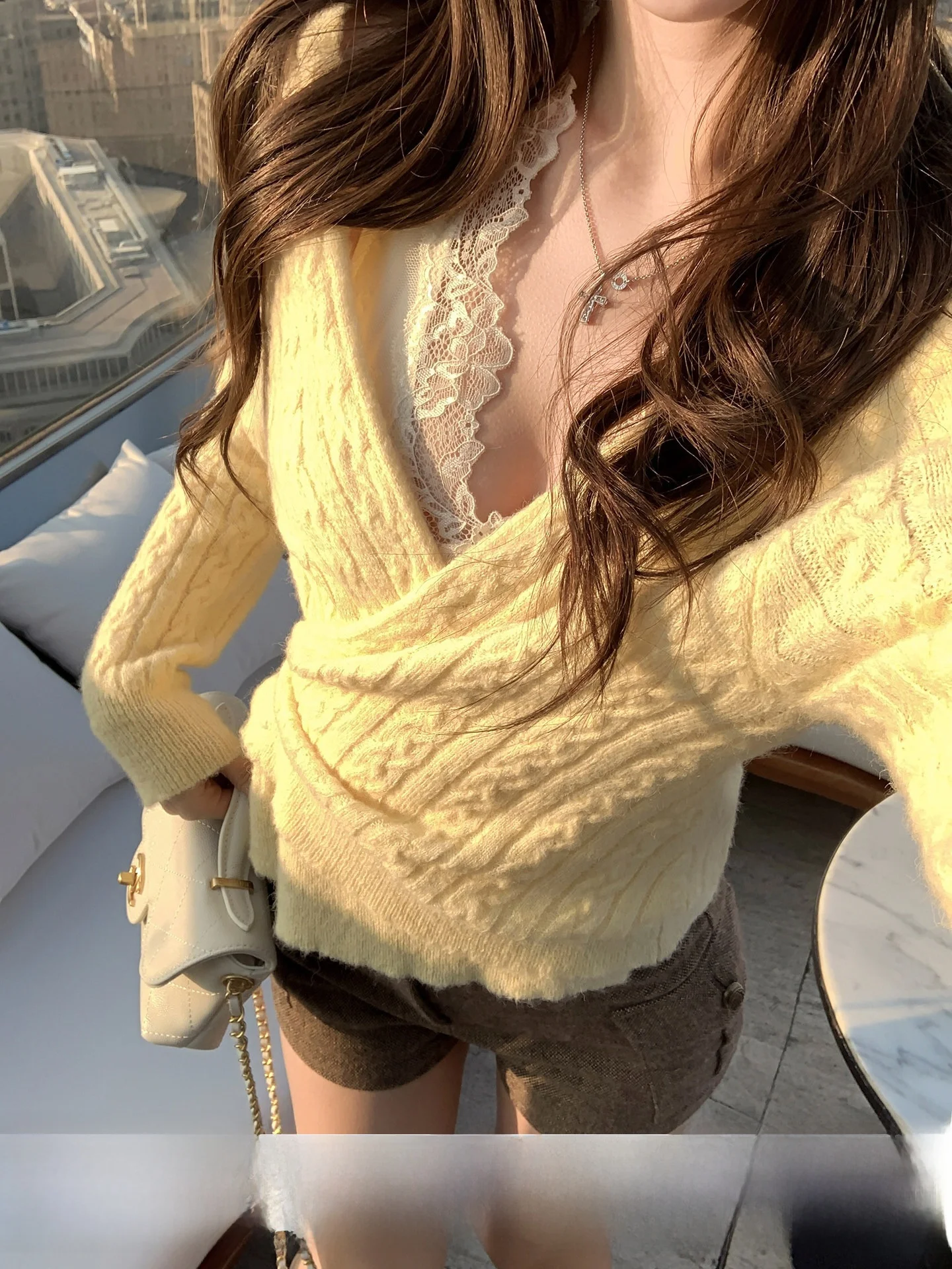 

Комплект из нежного кружевного свитера и кардигана Chu Rou Yao Ne Snow Pure Desire для женщин: зимний повседневный облегающий вязаный кардиган с длинными рукавами