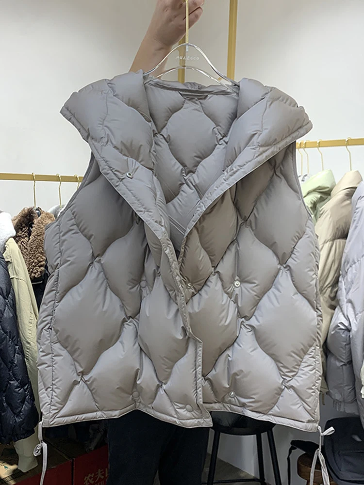 FTLZZ Winter Female Hooded Single Breasted Sleeveless Vest Jacket Women White Duck Down Coat Casual Lady Puffer Outwear