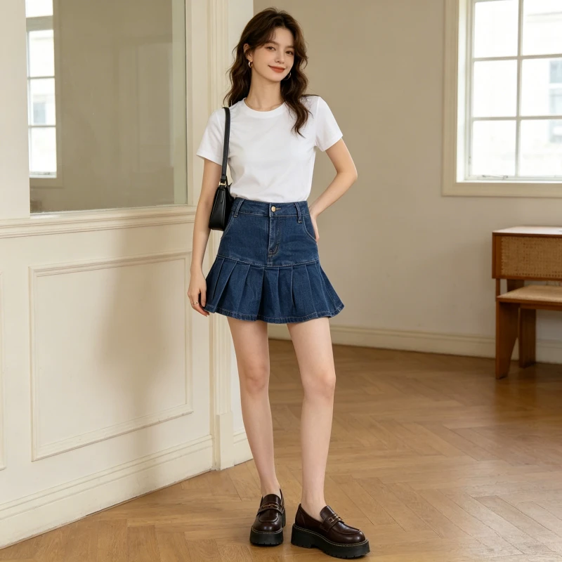 

Denim Pleated Skirt Women High Waist Vintage Mini A Line Distressed Washed Button Summer 2026 Female Streetwear Short Skirts