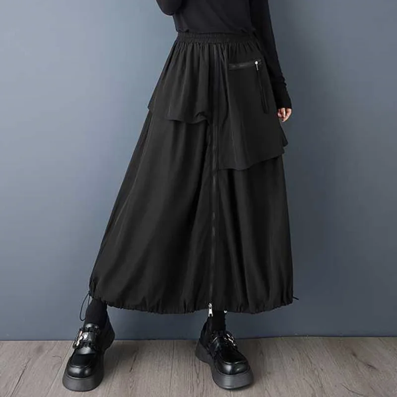 HKSH printemps automne nouvelle jupe femme taille élastique asymétrique grande poche cordon ourlet polyvalent foncé jupes décontractées HK16163