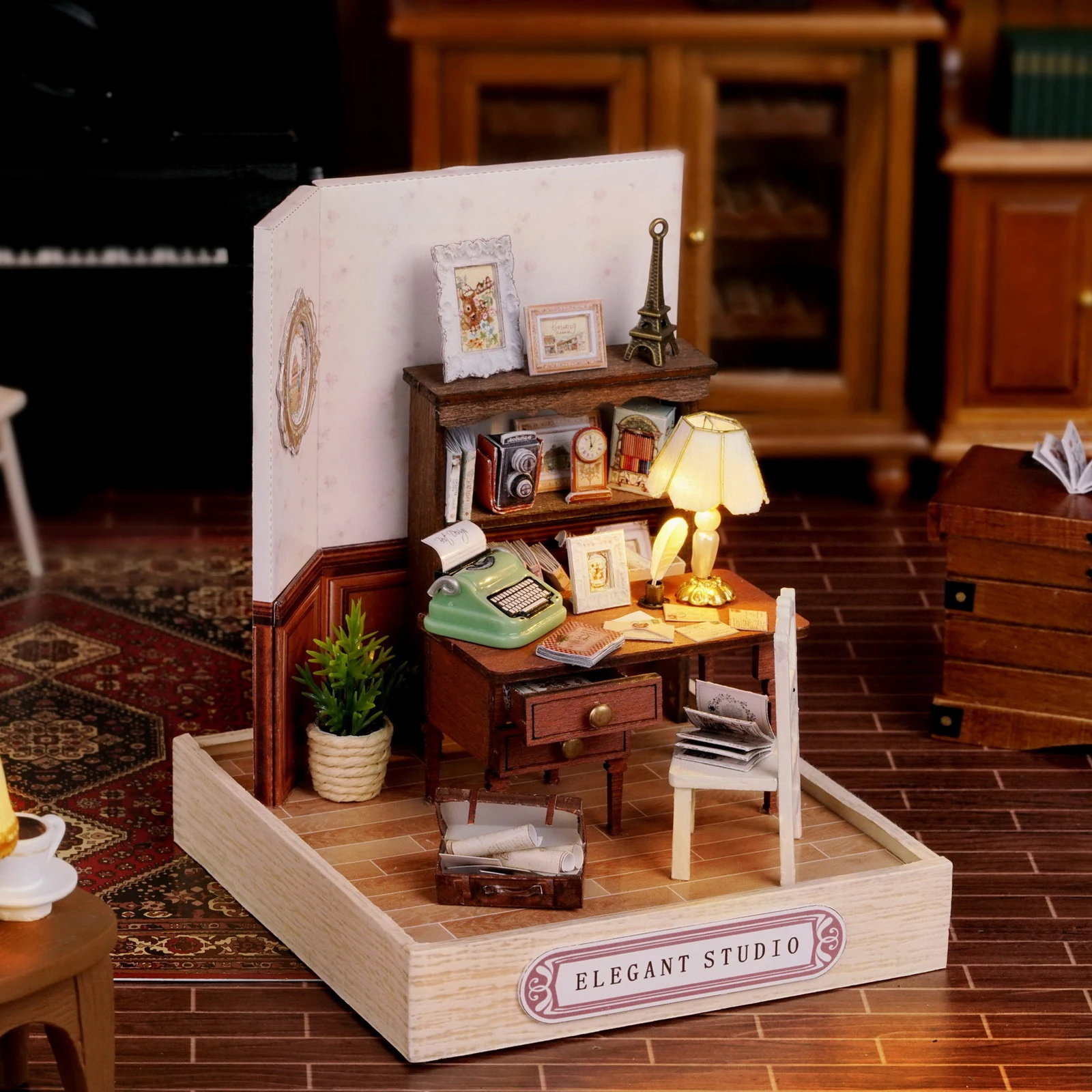 CUTEROOM DIY Doll Room Miniature Furniture Wooden Dolls House Kit with Dust Cover and LED Light Elegant Studio For Birthday Gift