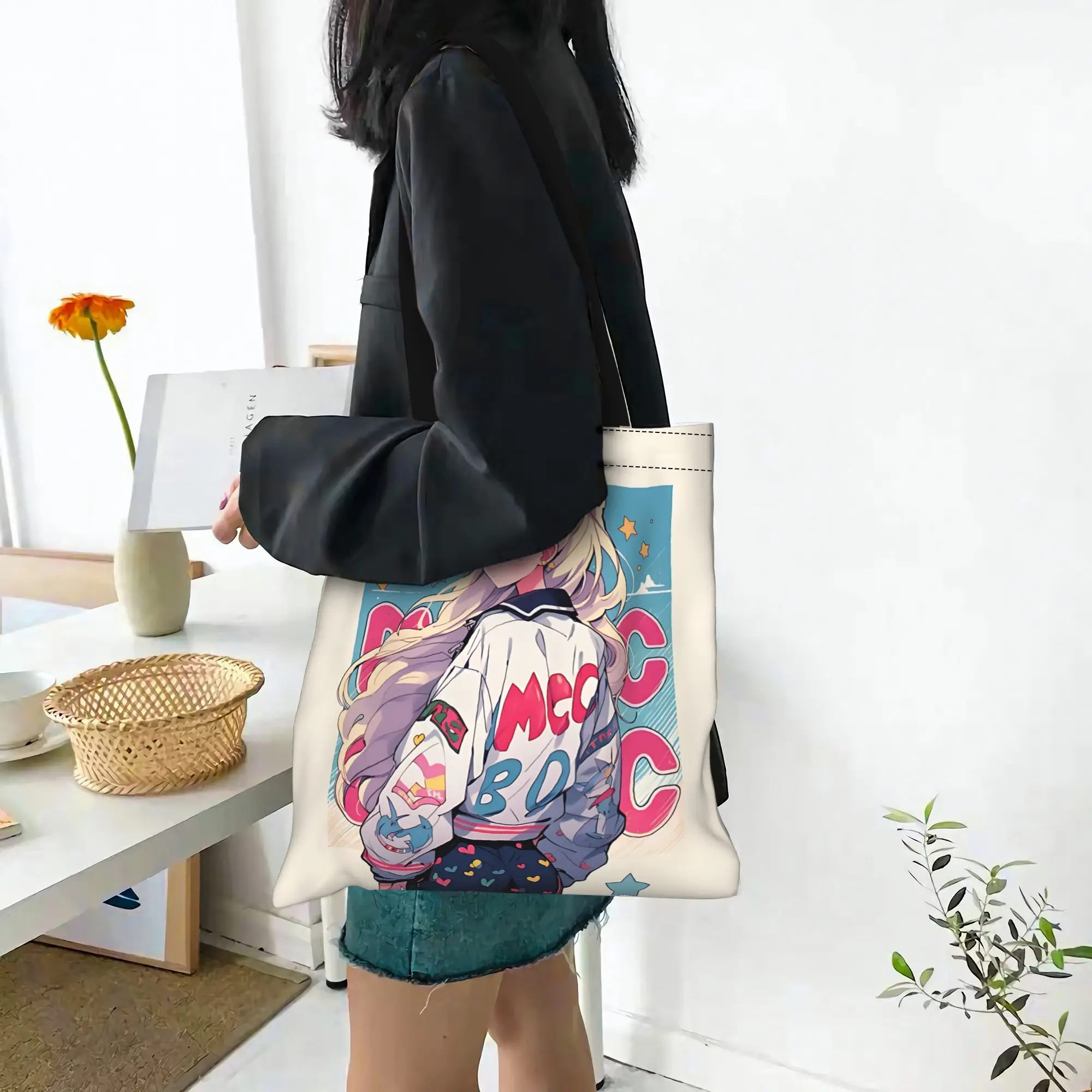 Customized Sailor Moon Women's Bag Shopping Bag Reusable Double Sided Canvas Tote Bag Shoulder  Handbag