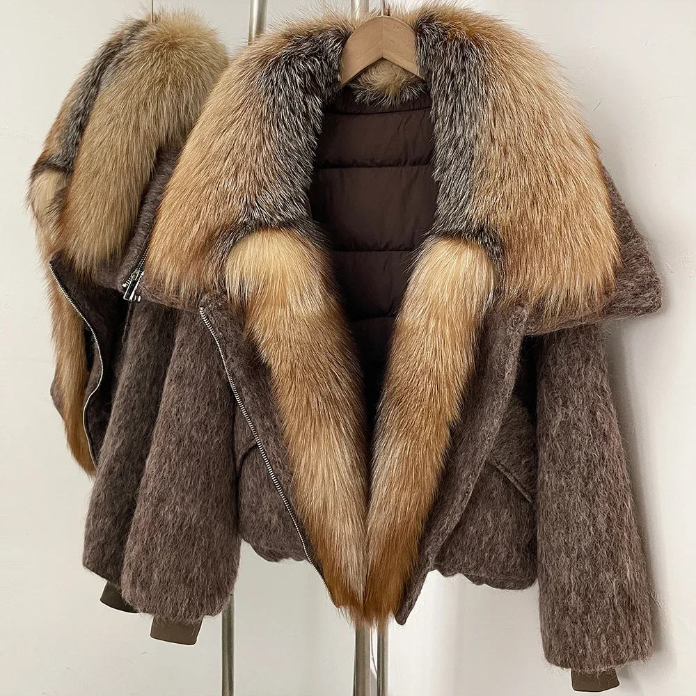 OFTBUY Luxury Real Fur Duck Down Clothes Overszie Women Wool Blend Down Jacket with Real Fox Fur Collar New Winter Warm Coat