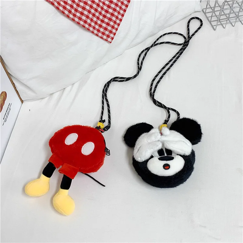 Disney Mickey Mouse Soft Plush Head and Body Styling Zipper Coin Purse Crossbody Bag Headphone Bus Card Storage Birthday Gift