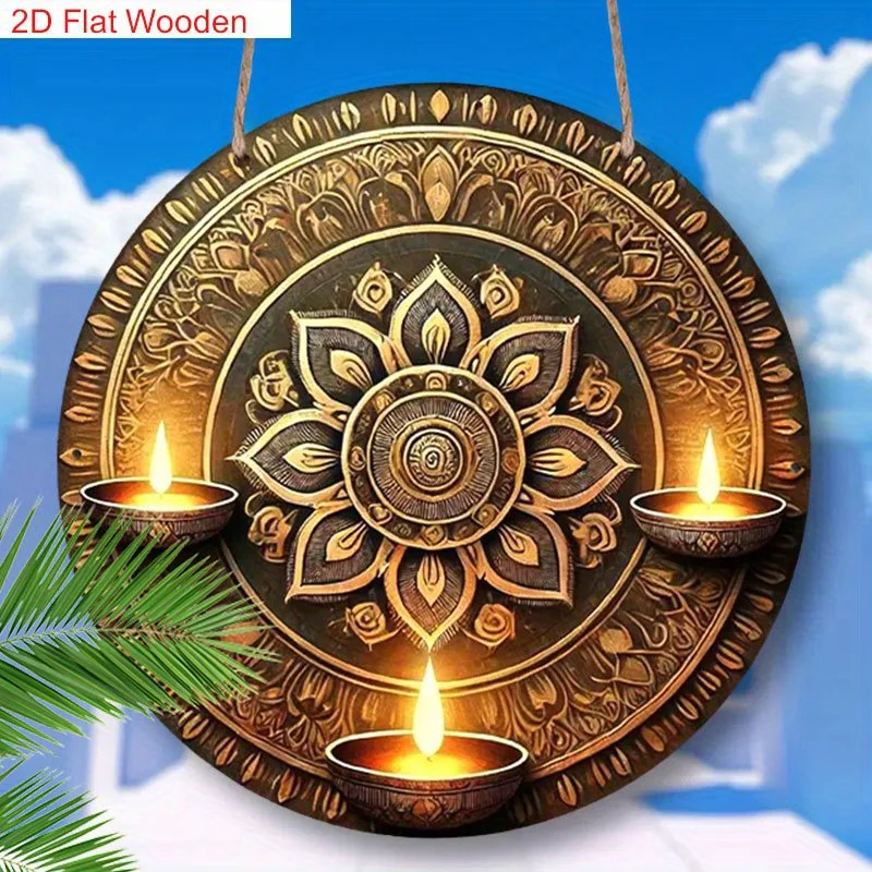 2D flache einteilige hölzerne traditionelle Öllampe und künstlerisches bemaltes Design Happy Diwali Rundschild zum Dekorieren von Zuhause, Schlafzimmer, Li