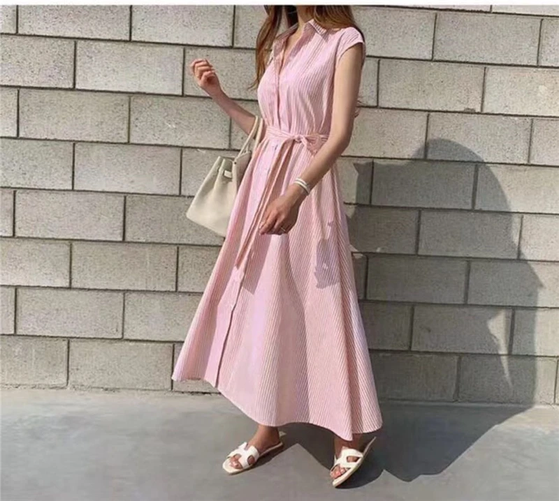 Damen Sommerkleid, neu, gestreift, mit Bindegürtel, schmal geschnitten, ärmellos, Midikleid, lässig, elegant, für Büro und Freizeit, mit Taschen, DR1970 – Detail 2