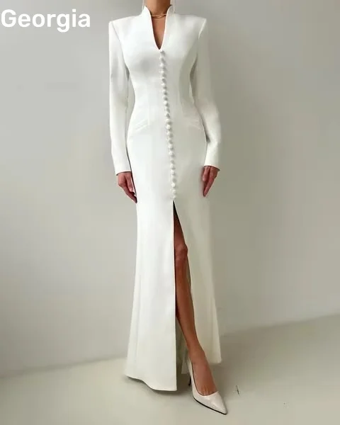 Personalizar vestidos de noche columna dividida con cuello en V vestidos para ocasiones formales cremallera hasta mangas largas vestidos de graduación hasta el suelo cumpleaños