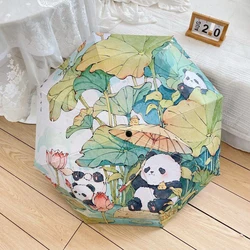 Lotus Pond-Panda Black Coating Umbrella, Waterproof, Rain, Sunny and Rainy Umbrella, UV Protection, Folding, Full Automatic