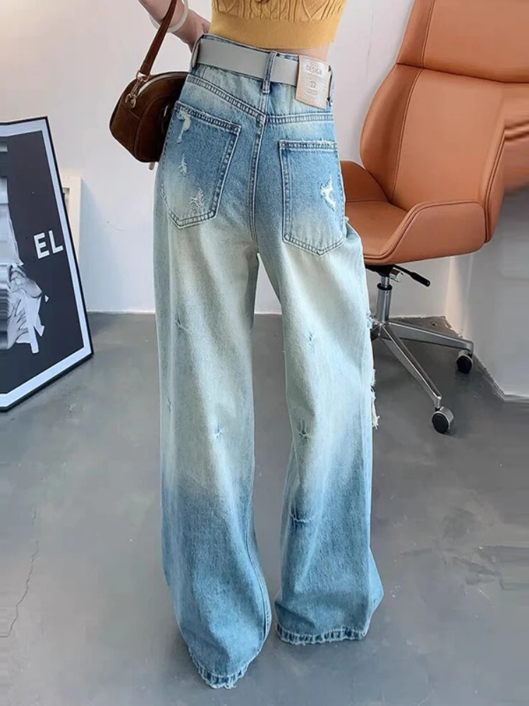 American style retro distressed ripped jeans for women 2025 new summer thin straight leg loose wide leg floor pants