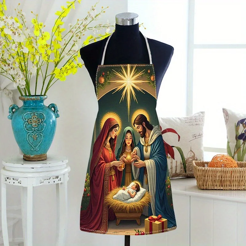 1pc Holy Family Nativity Scene Apron - Unisex & Cooking Baking Apron with Mary, & Print, Single-Sided Religious Design, Durable