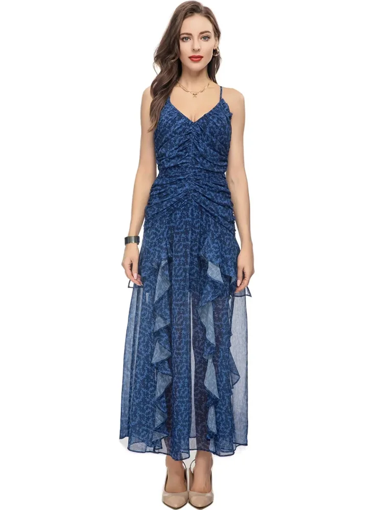 

2023 Summer Fashion Runway Women Spaghetti Strap V-Neck Trim Shirred Slim Vintage Geometric Print Flounces Dress