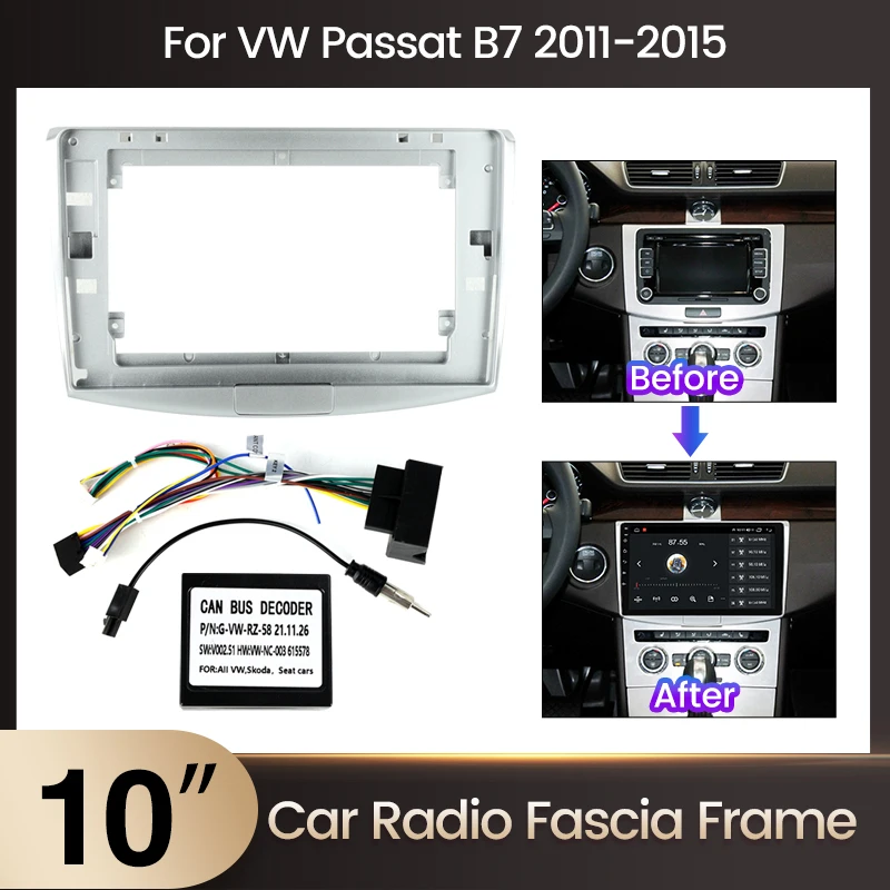 MEKEDE 10 Zoll Autoradio-Frontplattenrahmen für Volkswagen VW Passat B5 B6 B7 B8 Magotan DVD-Panel Radio Mount Power Adapter