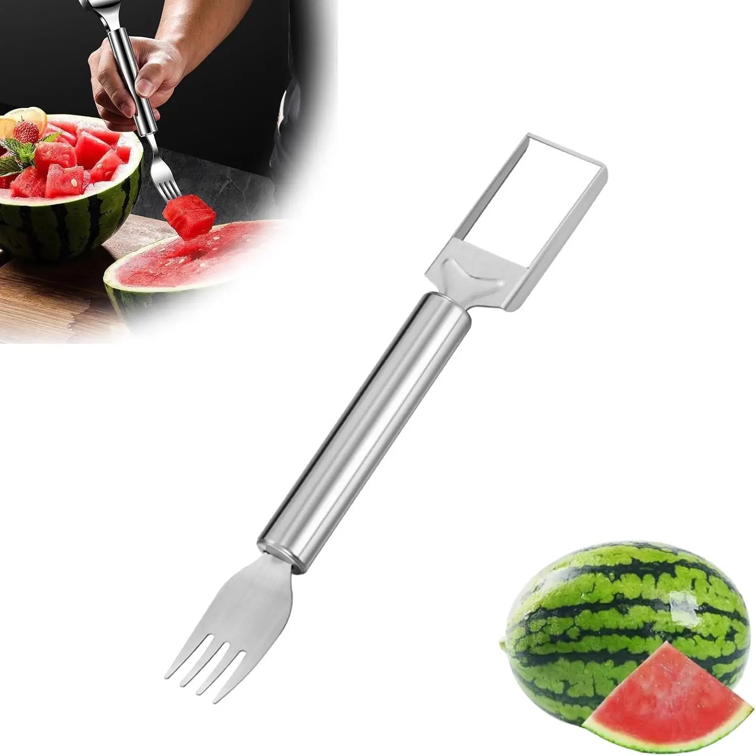 

2024 New 2-in-1 Stainless Steel Fruit & Watermelon Ergonomic Round Handle Fork & Combo for Effortless Slicing & Serving, Perf