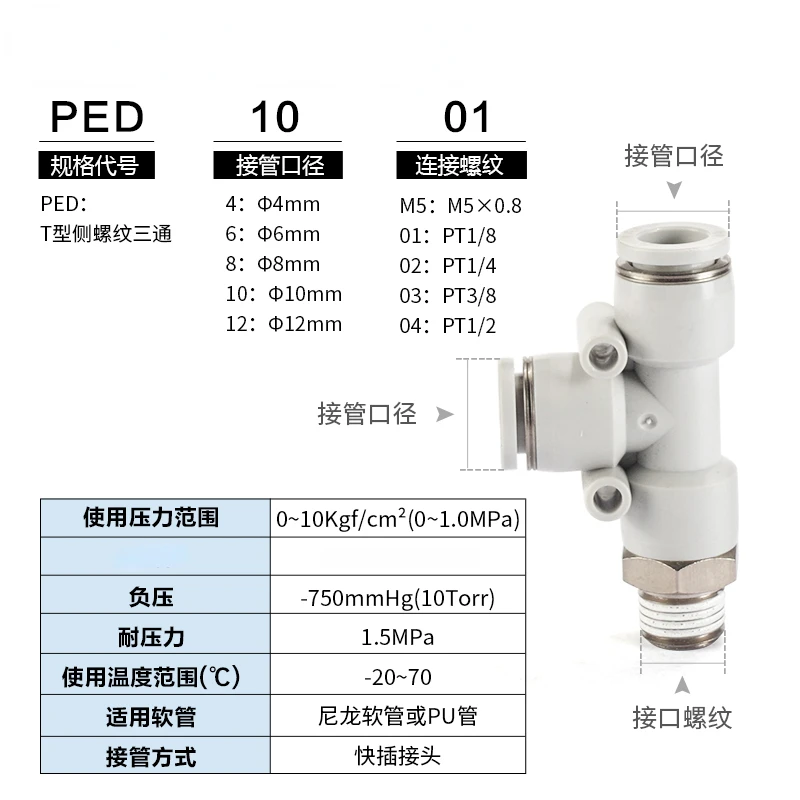 One Touch 3 Way Side Thread  Air Quick Pneumatic Connection Fitting OD4 6 8 1012Tube M5 1/8''1/4'' 1/2''3/8 1/2''Male PED Joint