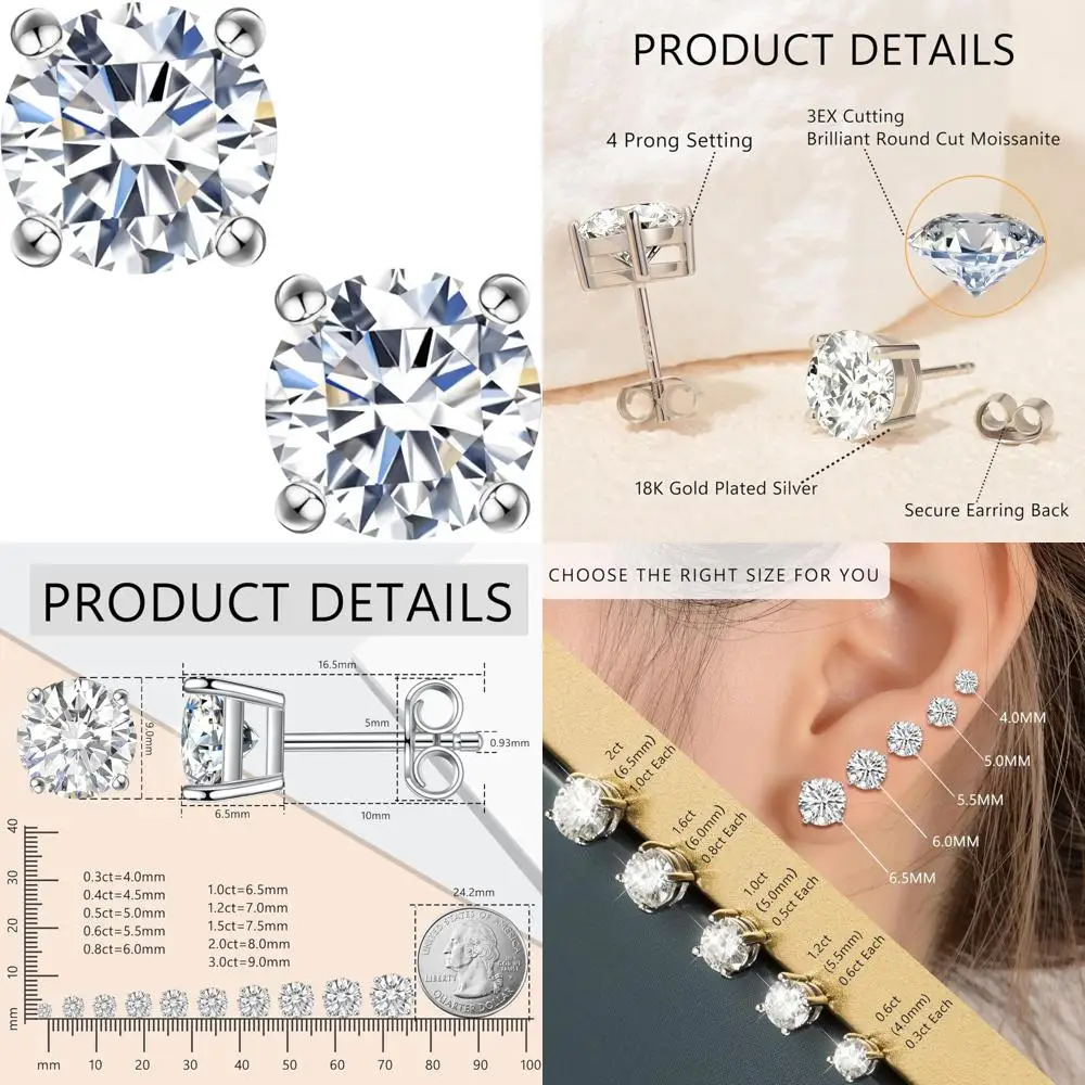 

Lab Created Moissanite Stud Earrings in 0.6ct-2ct, Brilliant Round Cut, 18K White Gold Plated Silver, DF Color, Long-lasting Ele