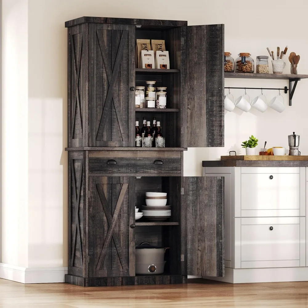 

72'' Farmhouse Kitchen Pantry, Rustic Wood Kitchen Storage Cabinets with Adjustable Shelves & Drawer, Tall Freestanding Cupboar