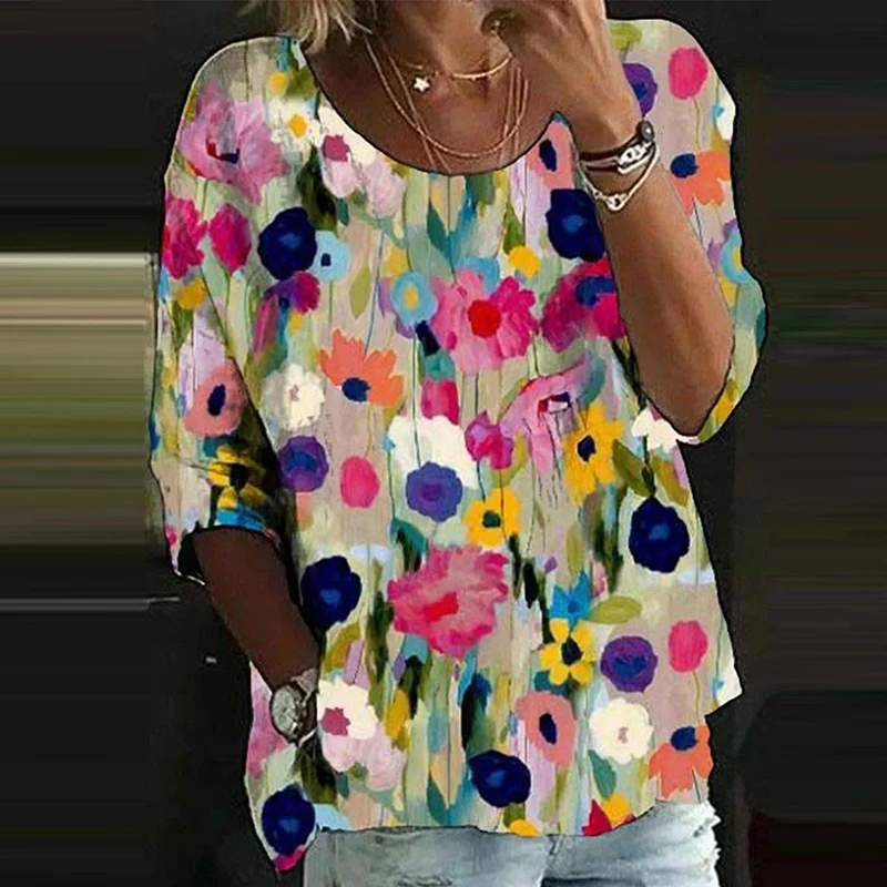 

Spring Summer Pattern Printed Loose Pullover Casual High Street O Neck Women's Top Fashion Long Sleeved Bohemian Shirt Blouses