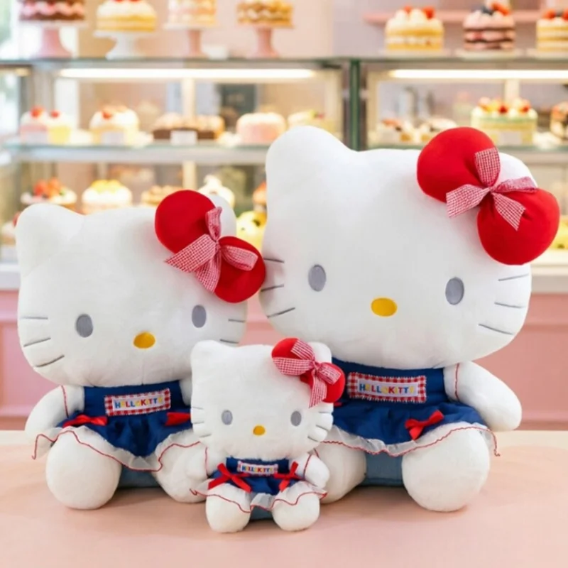 Plaid Denim Skirt Hello Kitty Plush Toy Doll Cute Bow Kt Cat Stuffed Toy Soft Fluffy Pillow Sofa Cushion Decor Birthday Gift