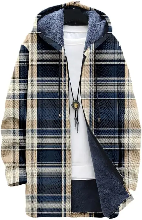 سترة رجالية منقوشة كبيرة الحجم بغطاء للرأس مبطنة بالصوف وسحاب شيربا معاطف شتوية مريحة مع جيوب