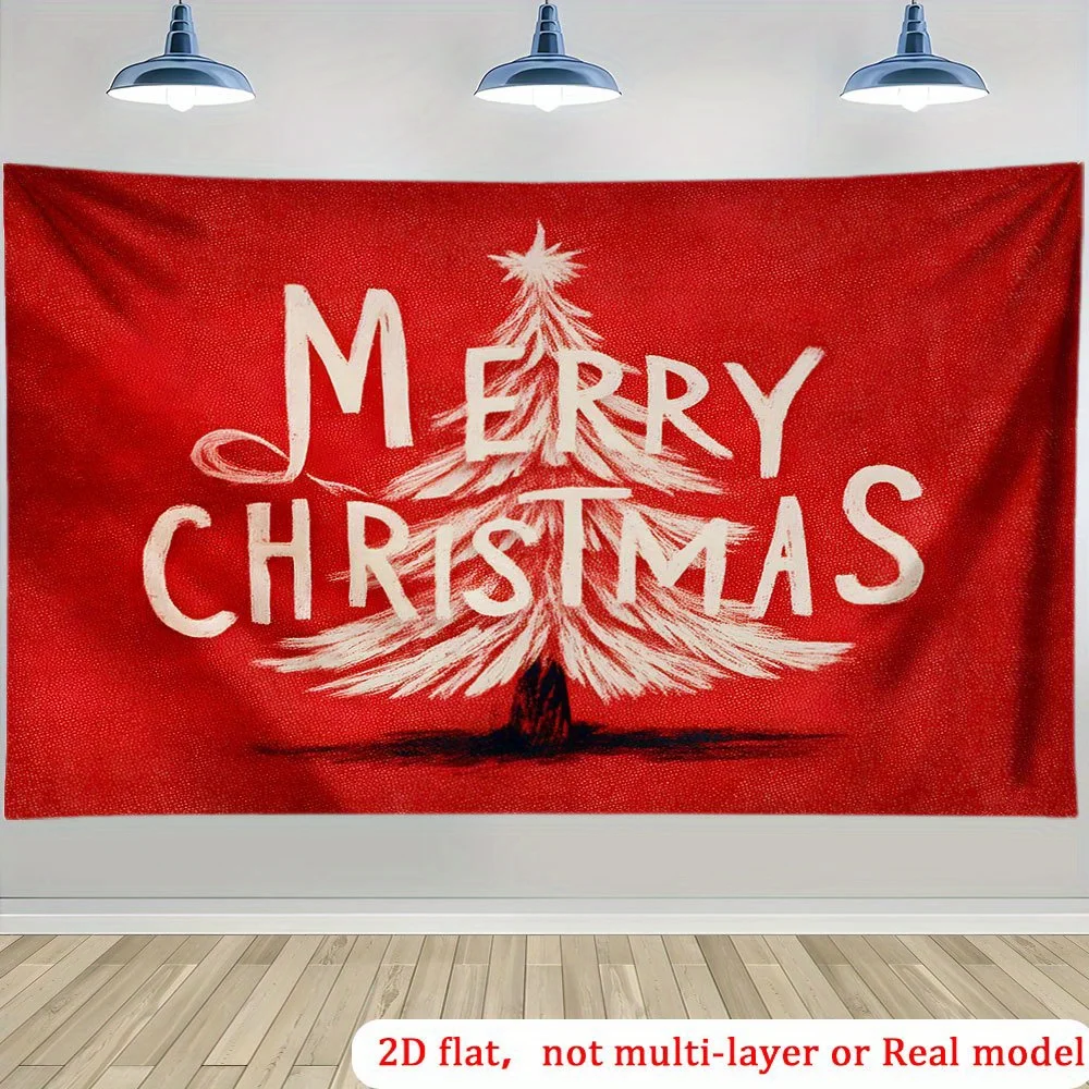 Merry Christmas Tree Tapestry, Red Festive Typography Wall Hanging, Holiday Season Room Decor, Xmas Background Blanket, Gift