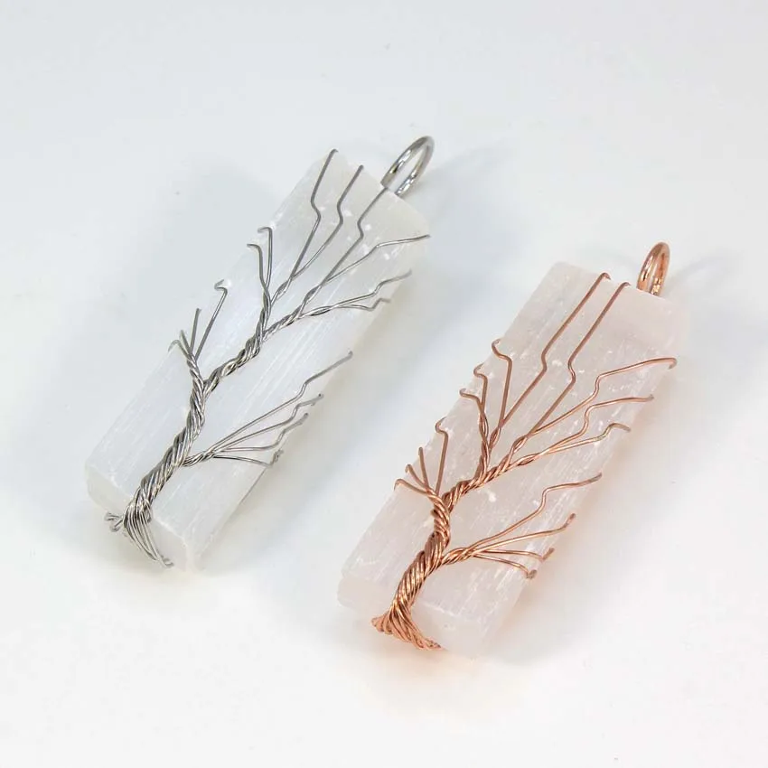 Copper Wire Wrapped Necklace For Women Men Natural Selenite Quartz Crystal Tree of Life White Color Selenite Stone Pendant Chain view 2