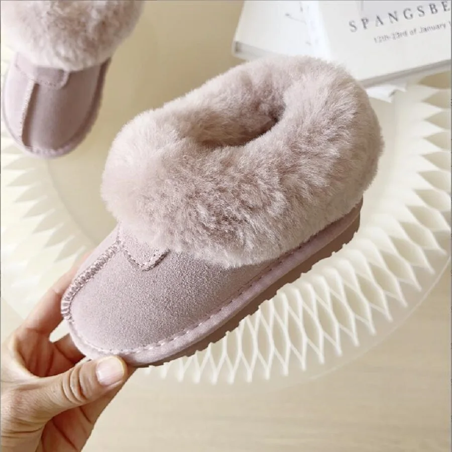 Winter Children's Snow Boots Men's Women's Plush Thickened Warm Shoes Suede Baby Anti Slip Snow Short Boots Black Pink 21-35