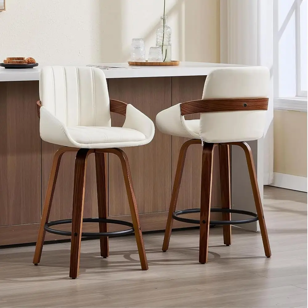 

Set of 2 26 Swivel Bar Stools with Back, Walnut Wood, Cream White PU Leather, Built-in Footrest - Easy Assembly & Sturdy Design