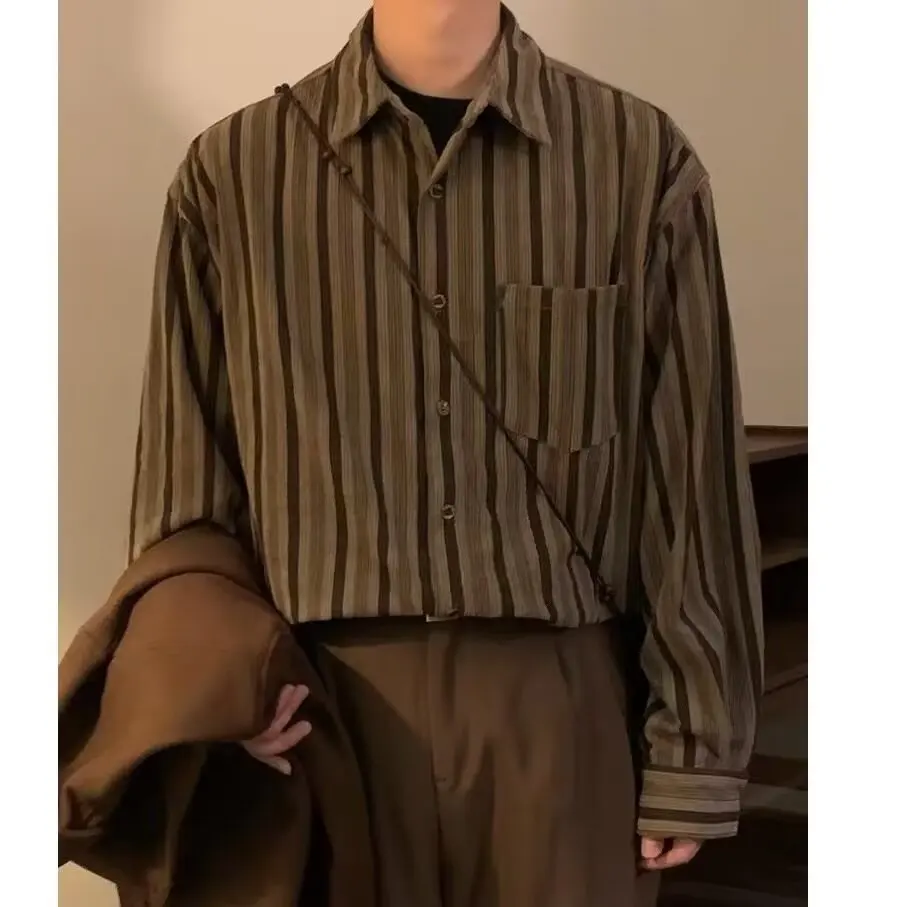 

Retro Lazy Minimalist High-End Feeling Neutral Striped Shirt Loose Men's Shirt Long Sleeve Outerwear for Boys And Girls