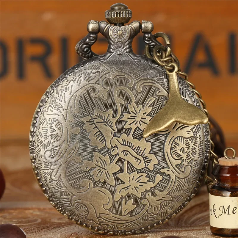 Orologio da tasca al quarzo Hunter completo con design Steampunk Fish per uomo Donna Collana maglione Ciondolo a catena Orologio con numero arabo a coda di pesce