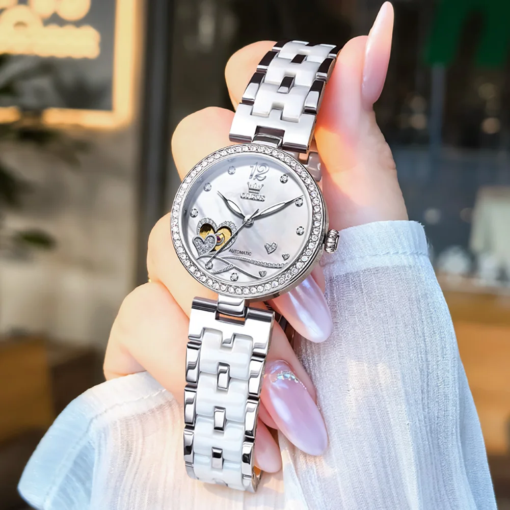 OLEVS 7086 Women Watch Luxury Elegant Original Mechanical Watch Love Dial Ladies Watch Ceramics Strap Set Gifts Box High Quality