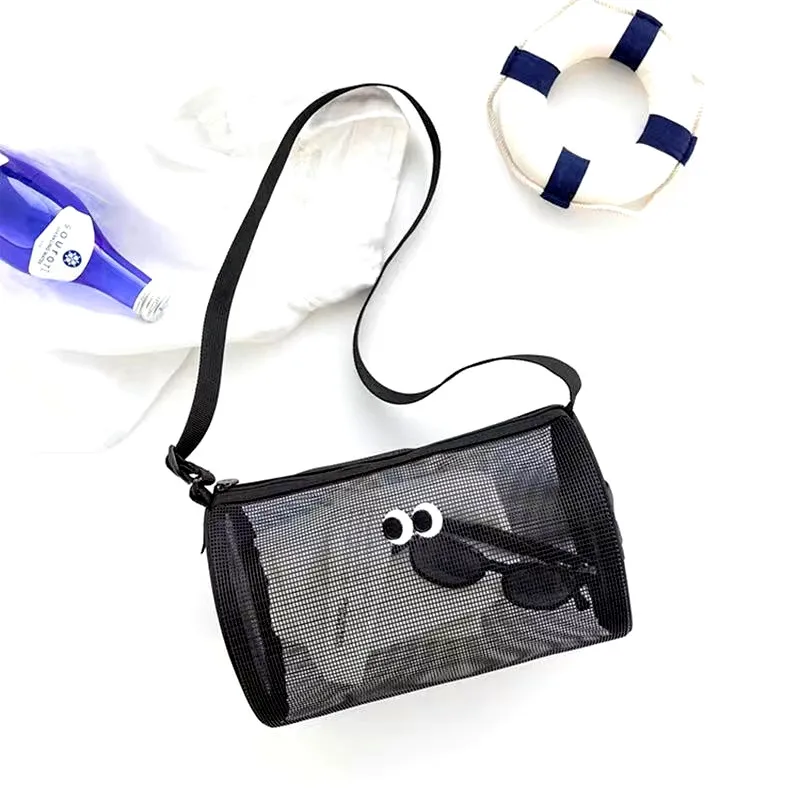 1pcs Transparent Mesh Tote Bag Single Shoulder Crossbody Cylinder Bag Daily Necessities Cosmetics Storage Portable Storage Bag