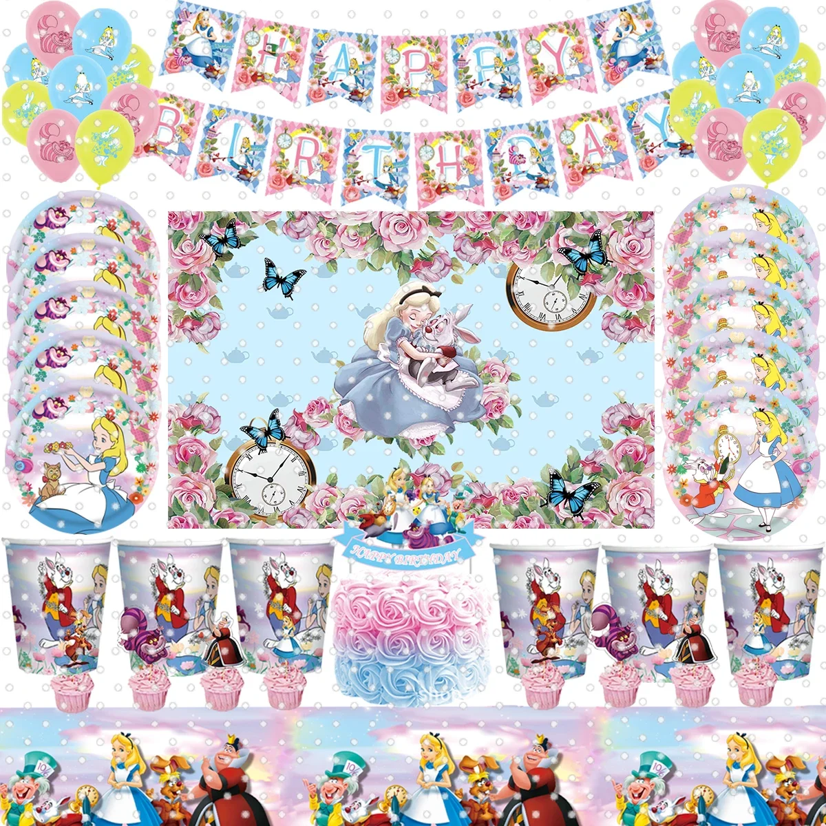 Cartoon Alice In Wonderland Birthday Party Decoration Disposable Tableware Cup Plate Paper Balloon Baby Bath Girl Gift