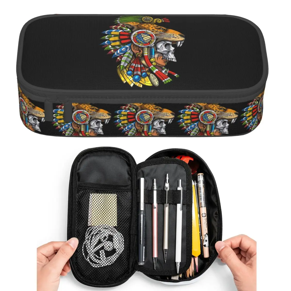 Estuche para lápices con diseño de máscara de guerrero jaguar azteca, mitología maya, para estudiantes, caja para lápices, bolsa para lápices, soporte para lápices