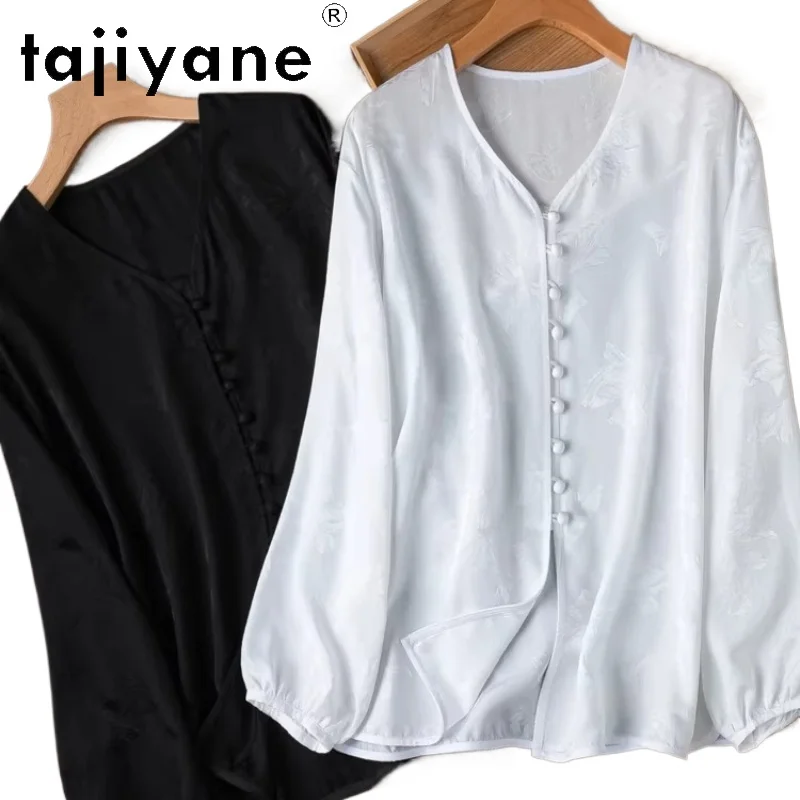 

TAJIYANE 20MM 100% Natural Mulberry Silk Shirts Woman Elegant Floral Jacquard Blouse Lantern Sleeves Tops 2026 Women Clothing 셔츠