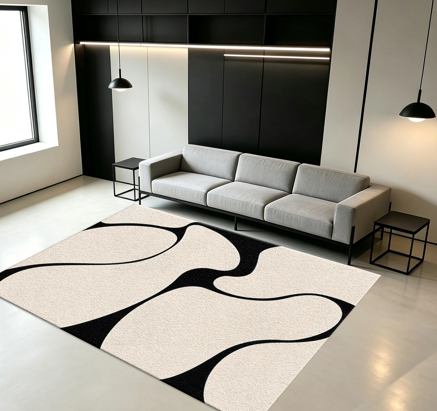 Mid Century Black Beige Abstract Curve Carpet Flooring, Minimalist Art Home Decor Floor Rug