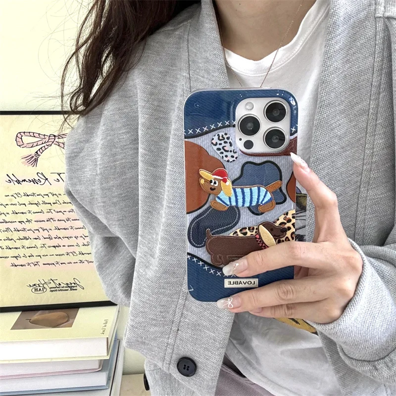 Embroidery Dachshund puppy Denim Leopard art Phone Case For iPhone 15 14 13 12 Pro Max Case Cute luxury Cartoon shockproof Cover