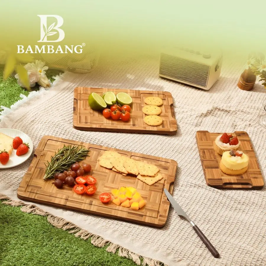 

Bamboo Cutting Board for Kitchen with Juice Groove, EndGrain Butcher Block Chopping Boards, Checkered Wooden Cutting Boards Set