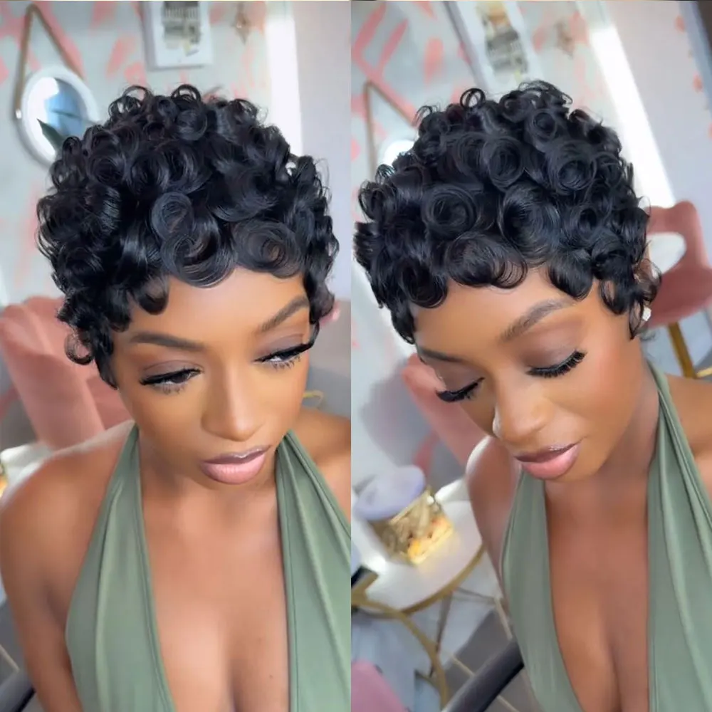 الطبيعية مجعد قصيرة عابث قطع الباروكات للنساء السود شعر الإنسان الأفرو عابث شعر مستعار أسود اللون شعر مستعار قصير للنساء السود شعر مستعار قصير
