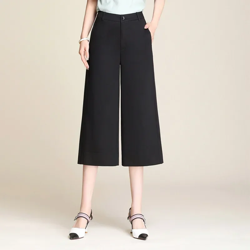 2023 New Summer and Autumn Womens Casual Cotton Wide Leg Pants Fashion Ladies Black White Office Lady Pants