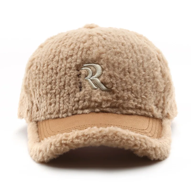 Fashion Female Winter Lamb Wool Hat Letters Double R Embroidered Peaked Cap Outdoor Sports Male Ear Protection Baseball Cap