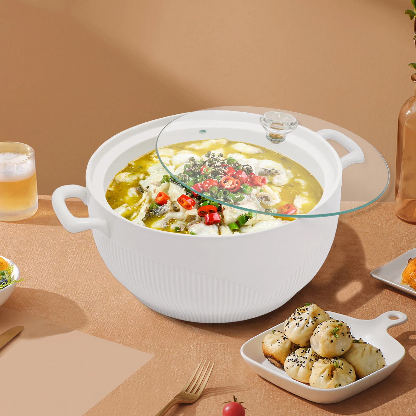 25*13.5cm1500ml Ceramic Soup Tureen Porcelain Serving Soup Tureen with Practical Soup Ladle Ceramic Glass