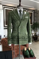 Handsome Green Corduroy Fashion Men Suits Slim Fit Double Breasted Groom Tuxedos 2 Pieces Sets Casual Male Blazers Ropa Hombre