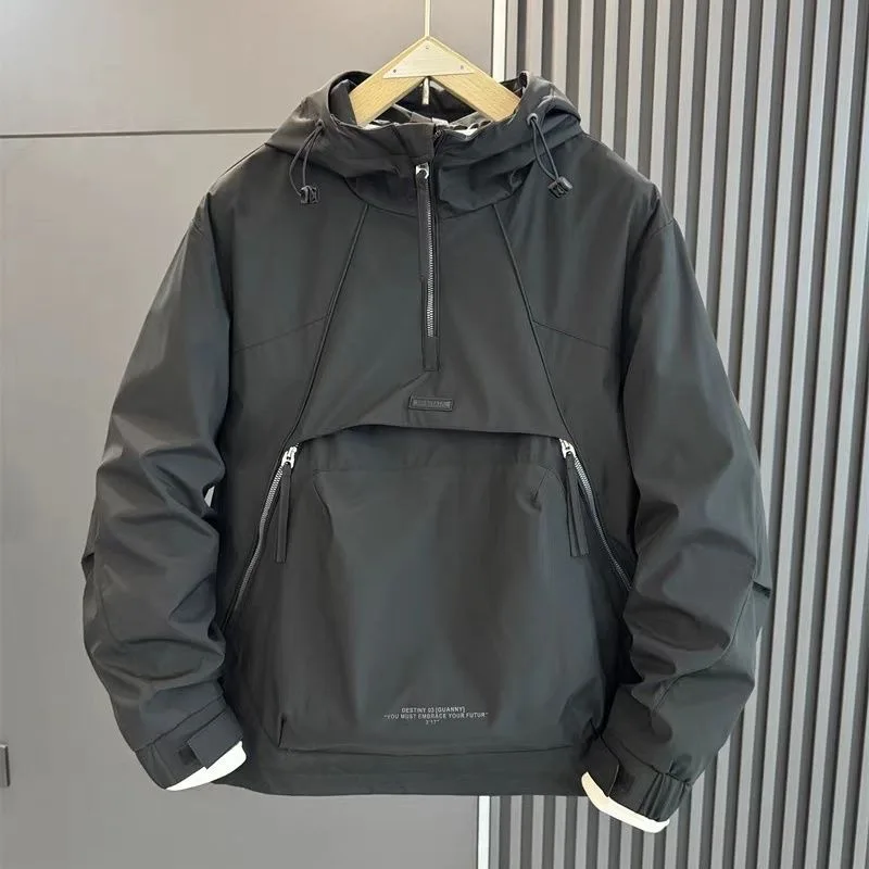 

Loose Fit Men's Hoodie Jaet f Zipper Windproof Autumn Workwear Coat with Big kets Youth Faion Casual Outerwear