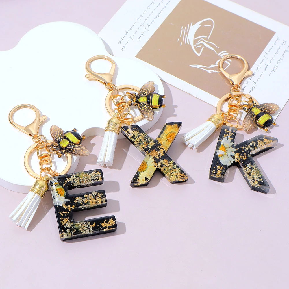 Black Color Resin Letter Keychain Gold Foil Sunflower Initials Keyring With Bee Tassel For Girls Purse Backpack Car Key Decor view 5